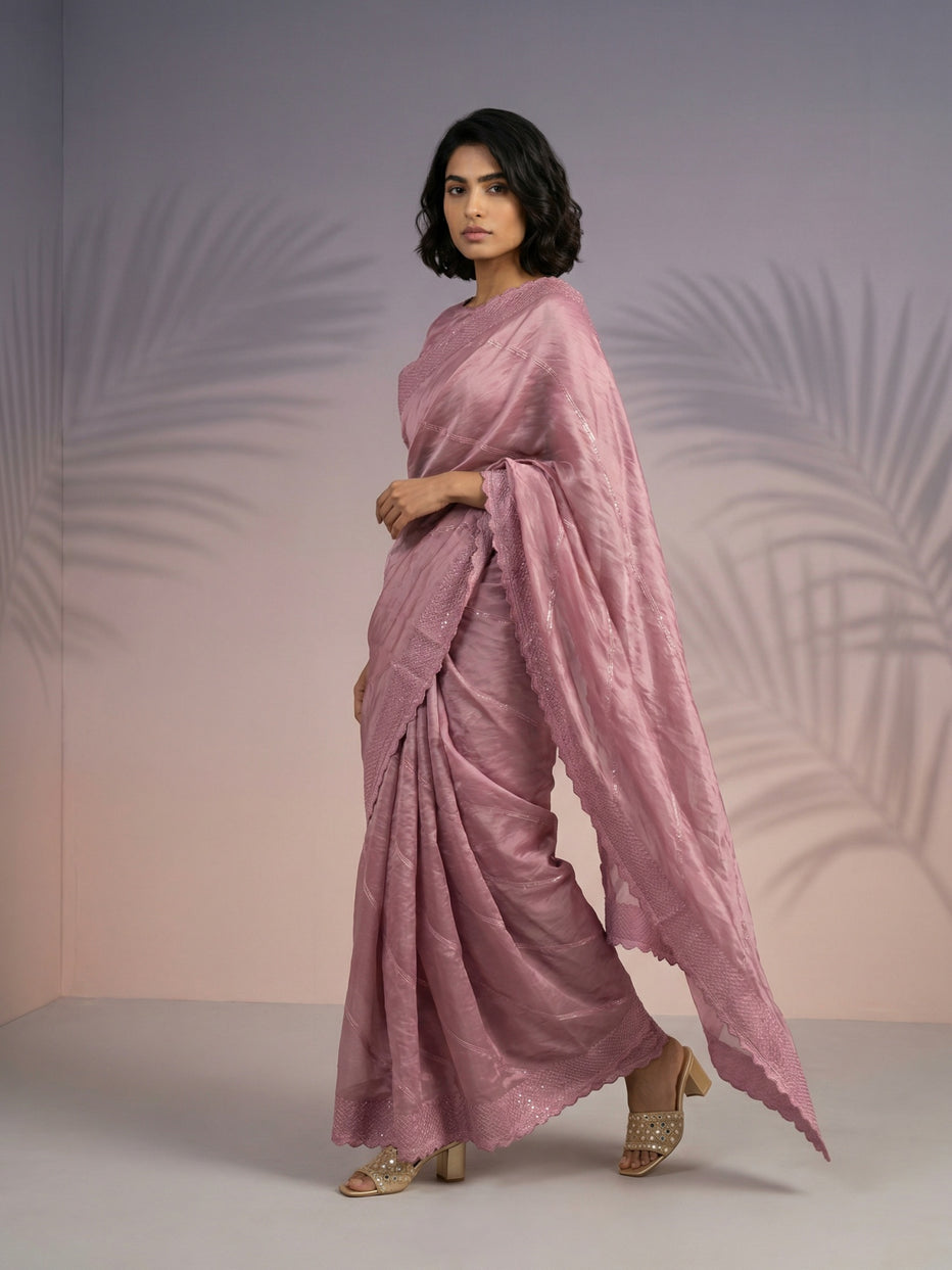 Onion Pink Pure Raspberry Silk Embroidered Leheriya Work and Sequin Saree