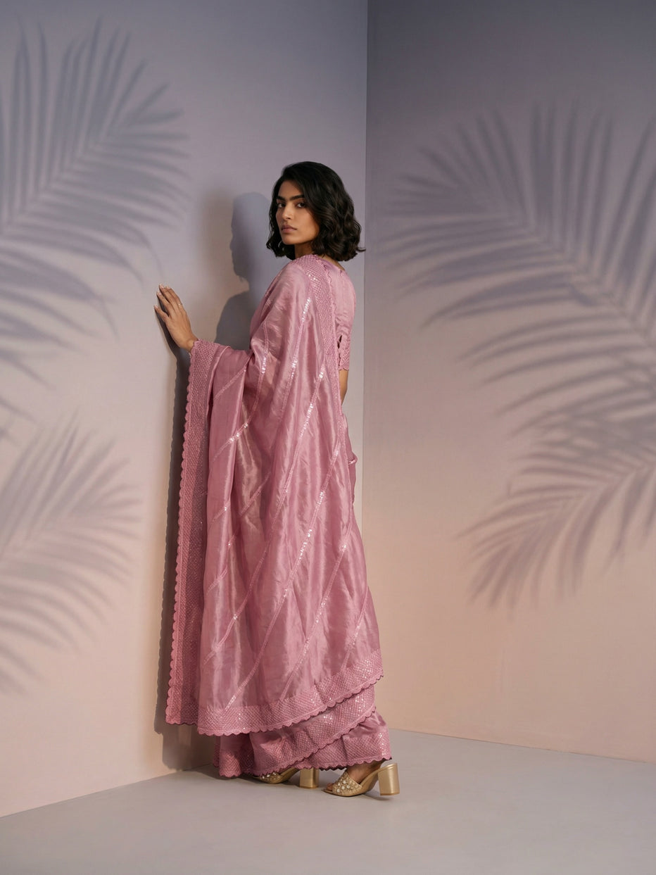 Onion Pink Pure Raspberry Silk Embroidered Leheriya Work and Sequin Saree