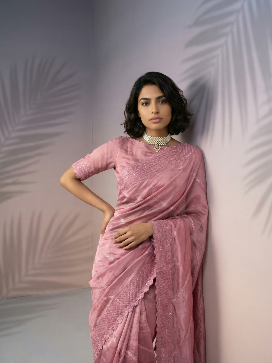Onion Pink Pure Raspberry Silk Embroidered Leheriya Work and Sequin Saree