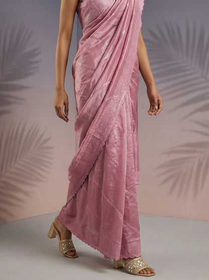 Onion Pink Pure Raspberry Silk Embroidered Leheriya Work and Sequin Saree