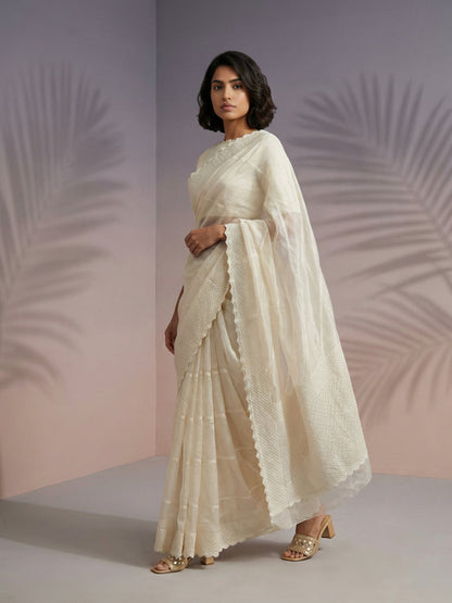 White Pure Raspberry Silk Embroidered Leheriya Work and Sequin Saree 