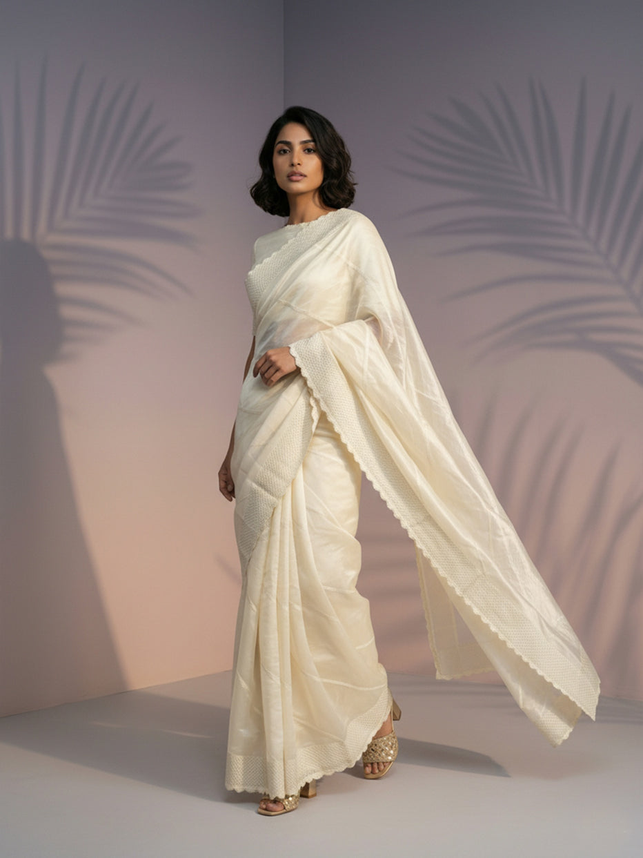 White Pure Raspberry Silk Embroidered Leheriya Work and Sequin Saree 