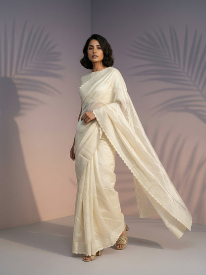 White Pure Raspberry Silk Embroidered Leheriya Work and Sequin Saree 