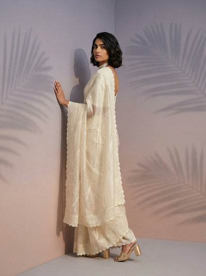 White Pure Raspberry Silk Embroidered Leheriya Work and Sequin Saree 