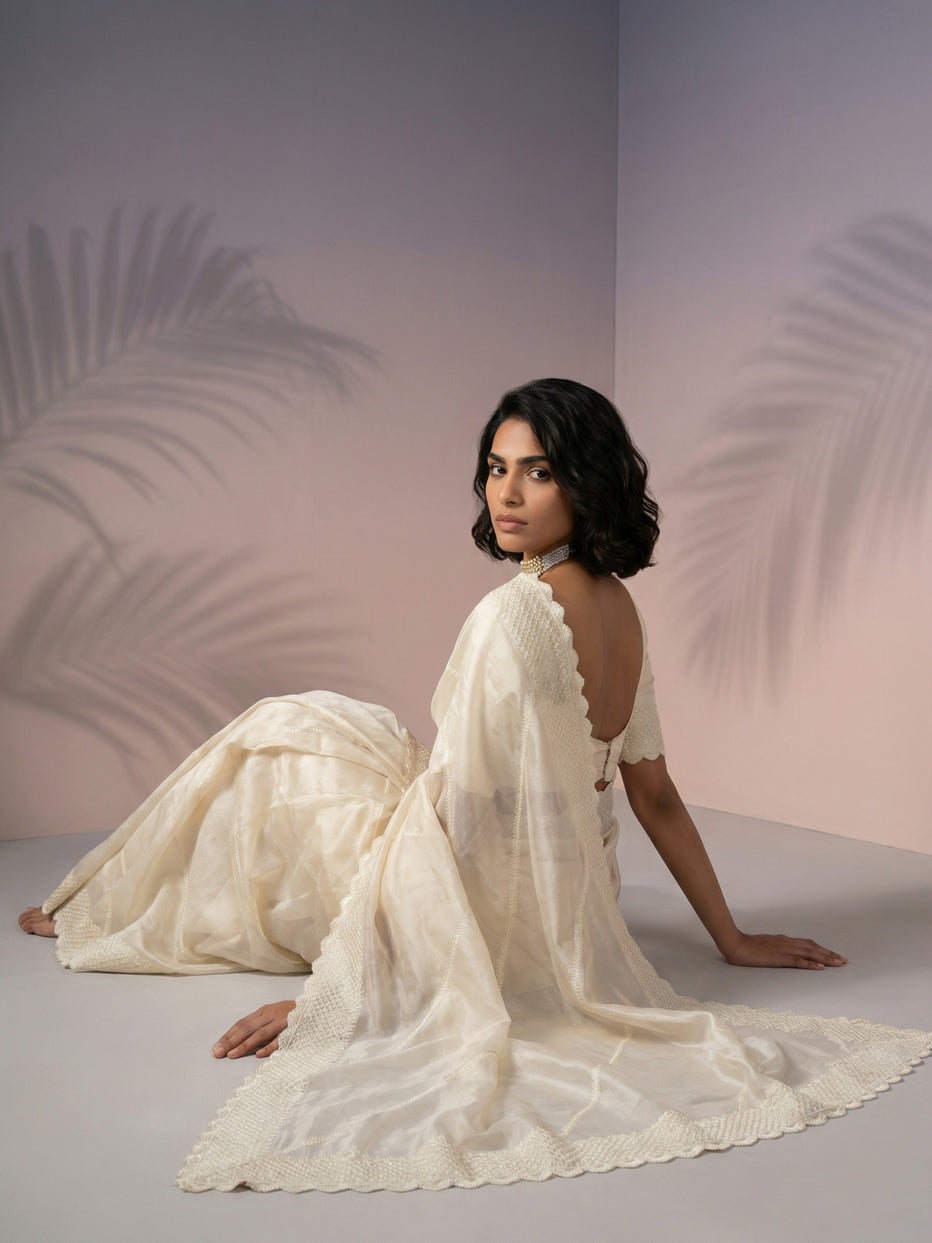 White Pure Raspberry Silk Embroidered Leheriya Work and Sequin Saree 