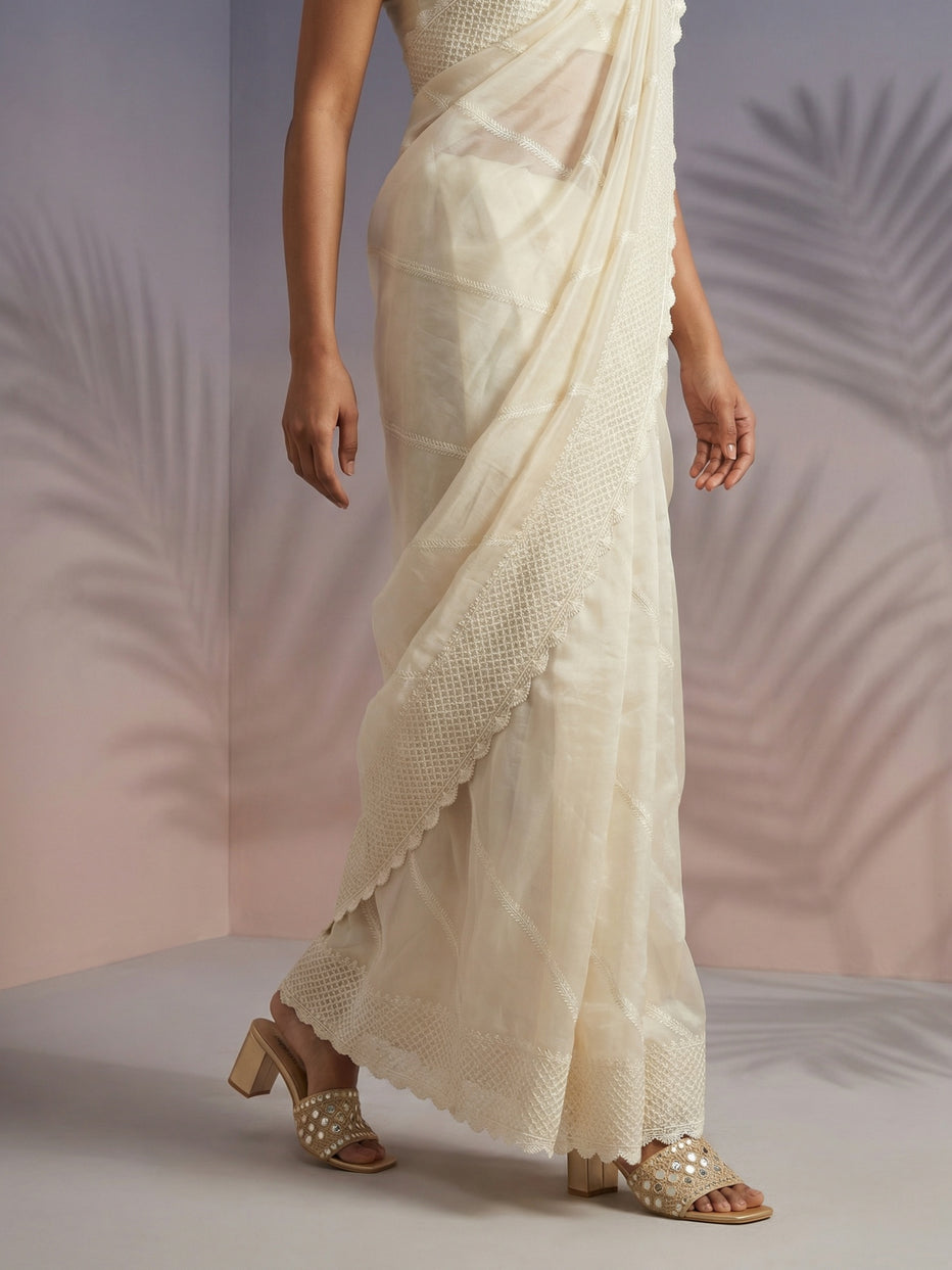 White Pure Raspberry Silk Embroidered Leheriya Work and Sequin Saree 