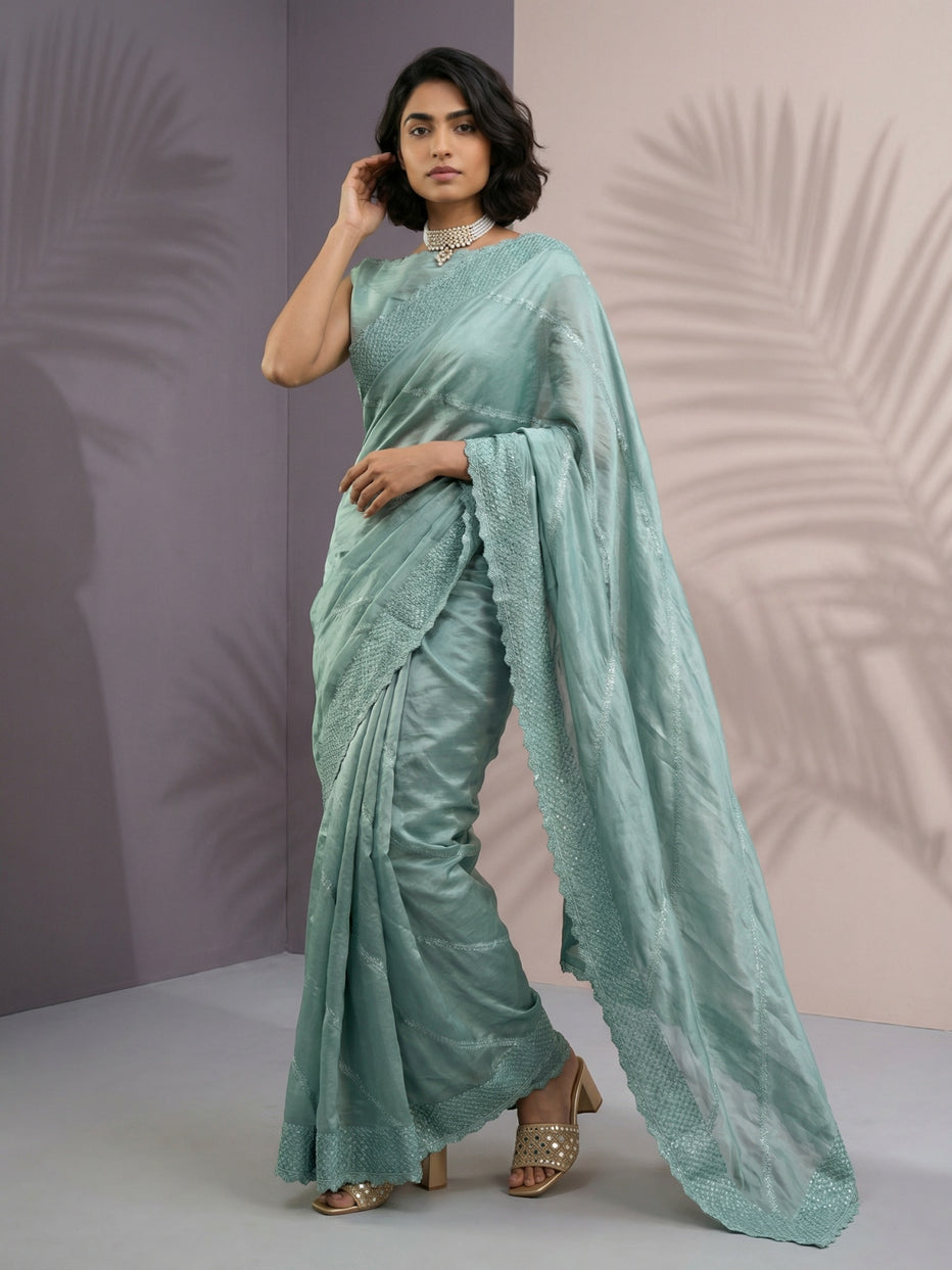 Green Pure Raspberry Silk Embroidered Leheriya Work and Sequin Saree 