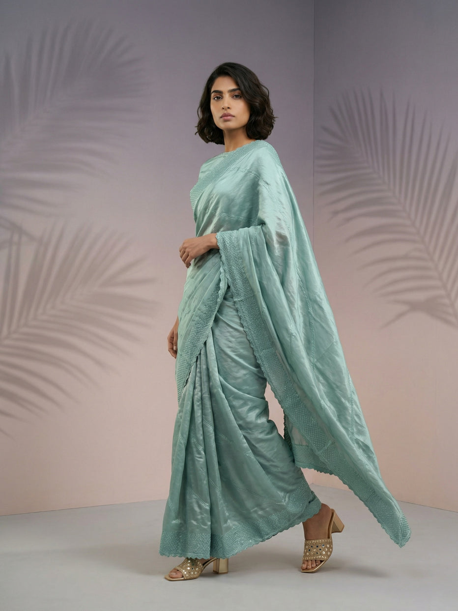 Green Pure Raspberry Silk Embroidered Leheriya Work and Sequin Saree 