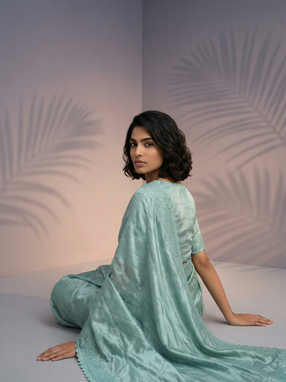 Green Pure Raspberry Silk Embroidered Leheriya Work and Sequin Saree 