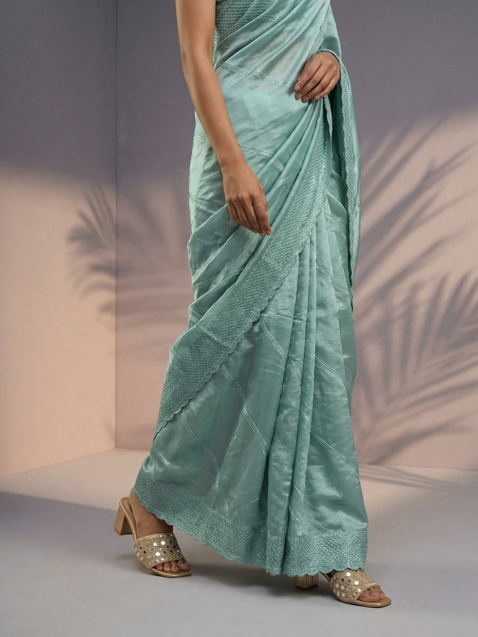 Green Pure Raspberry Silk Embroidered Leheriya Work and Sequin Saree 