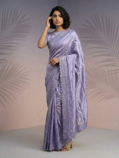 Purple Pure Raspberry Silk Embroidered Leheriya Work and Sequin Saree 