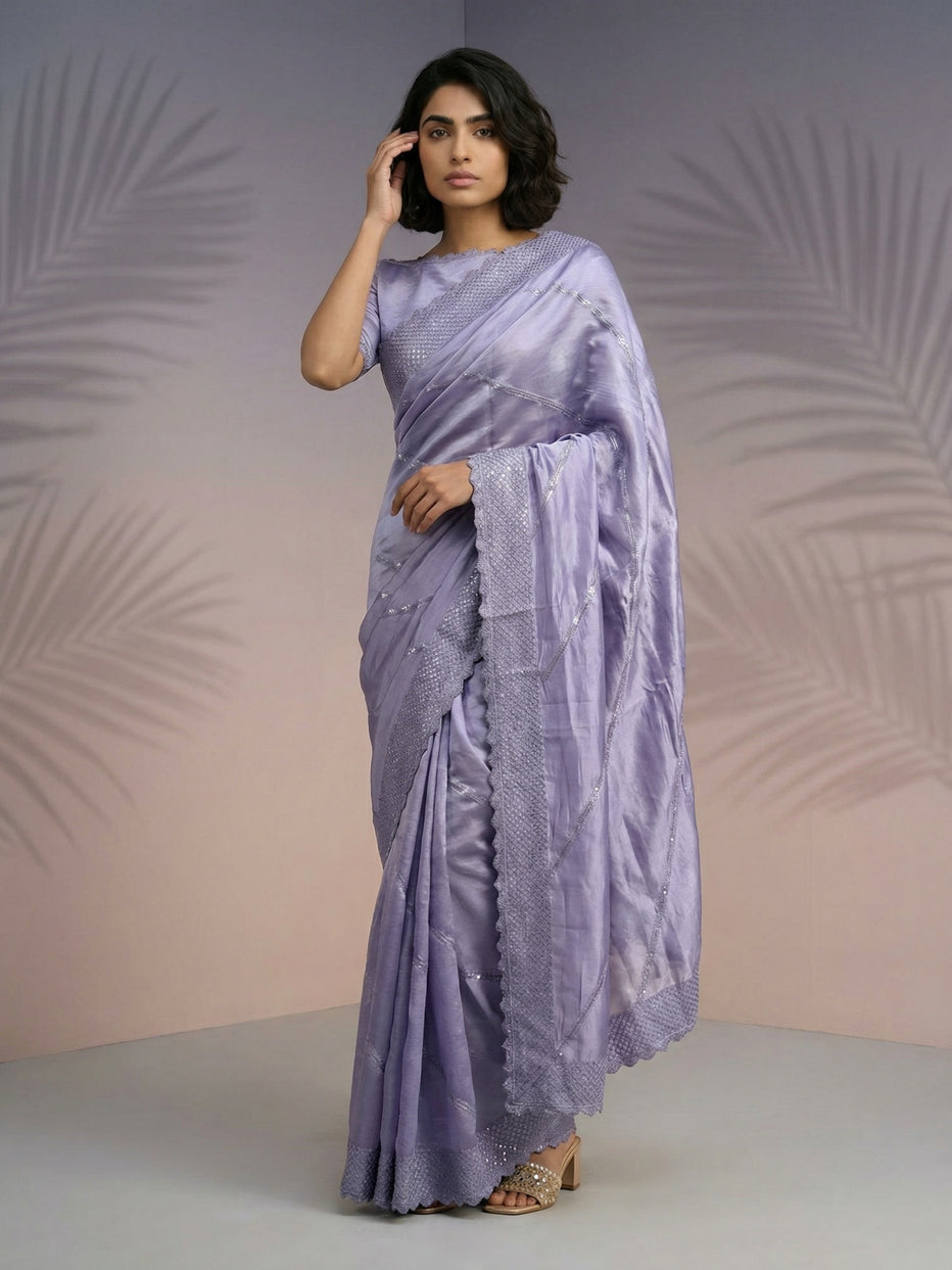Purple Pure Raspberry Silk Embroidered Leheriya Work and Sequin Saree