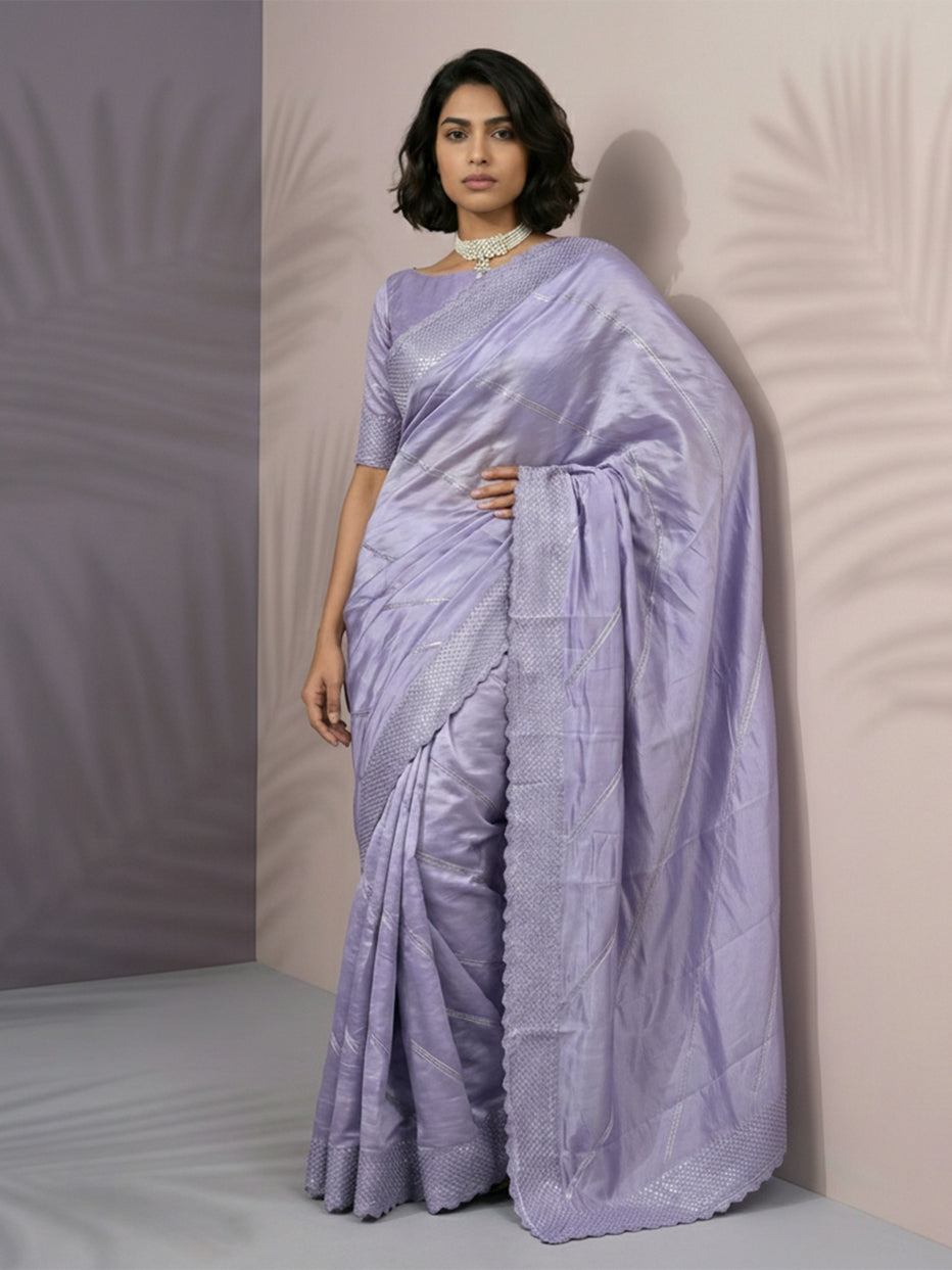 Purple Pure Raspberry Silk Embroidered Leheriya Work and Sequin Saree ##color## Raspberry Silk Saree with premium fabric and embroidery