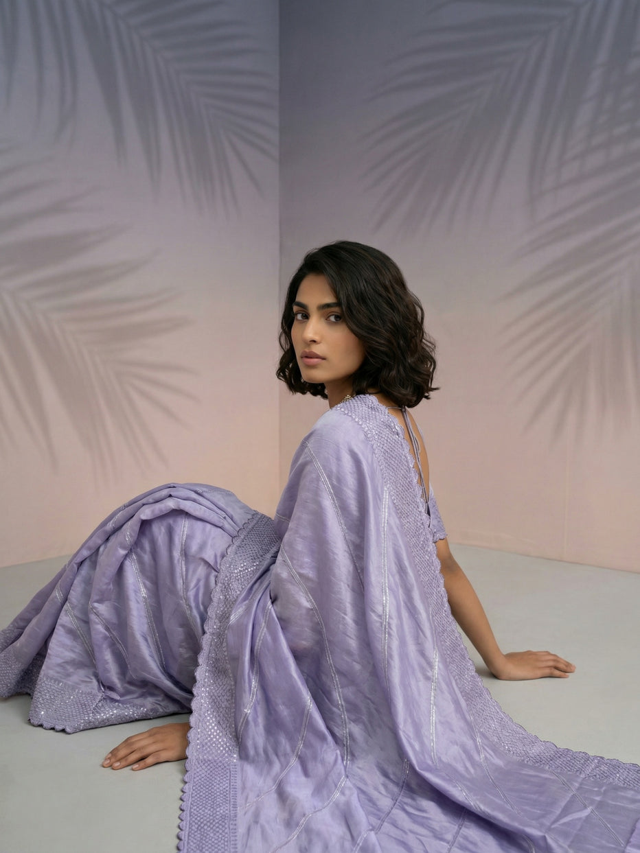 Purple Pure Raspberry Silk Embroidered Leheriya Work and Sequin Saree ##color## Raspberry Silk Saree with premium fabric and embroidery
