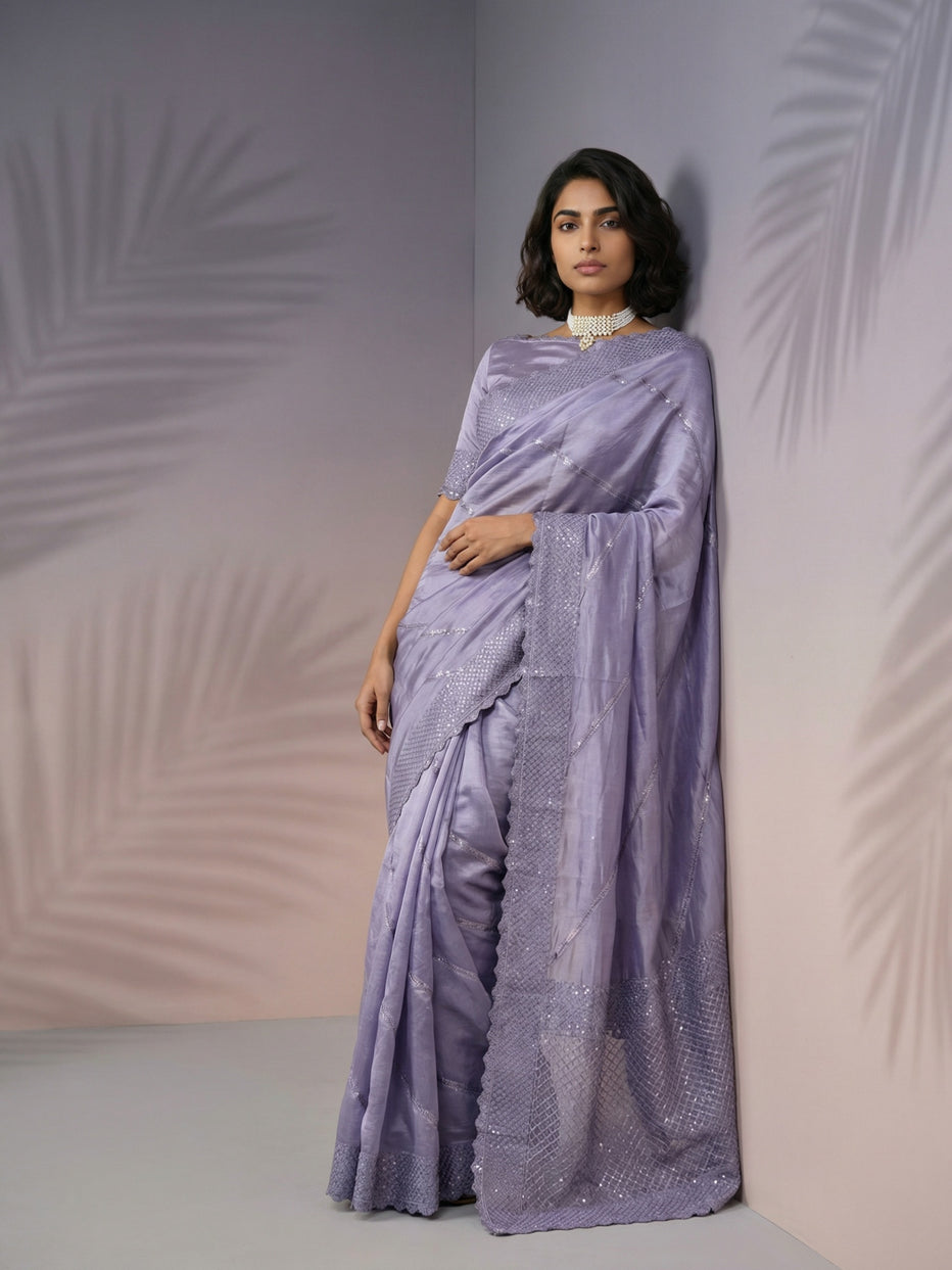 Purple Pure Raspberry Silk Embroidered Leheriya Work and Sequin Saree