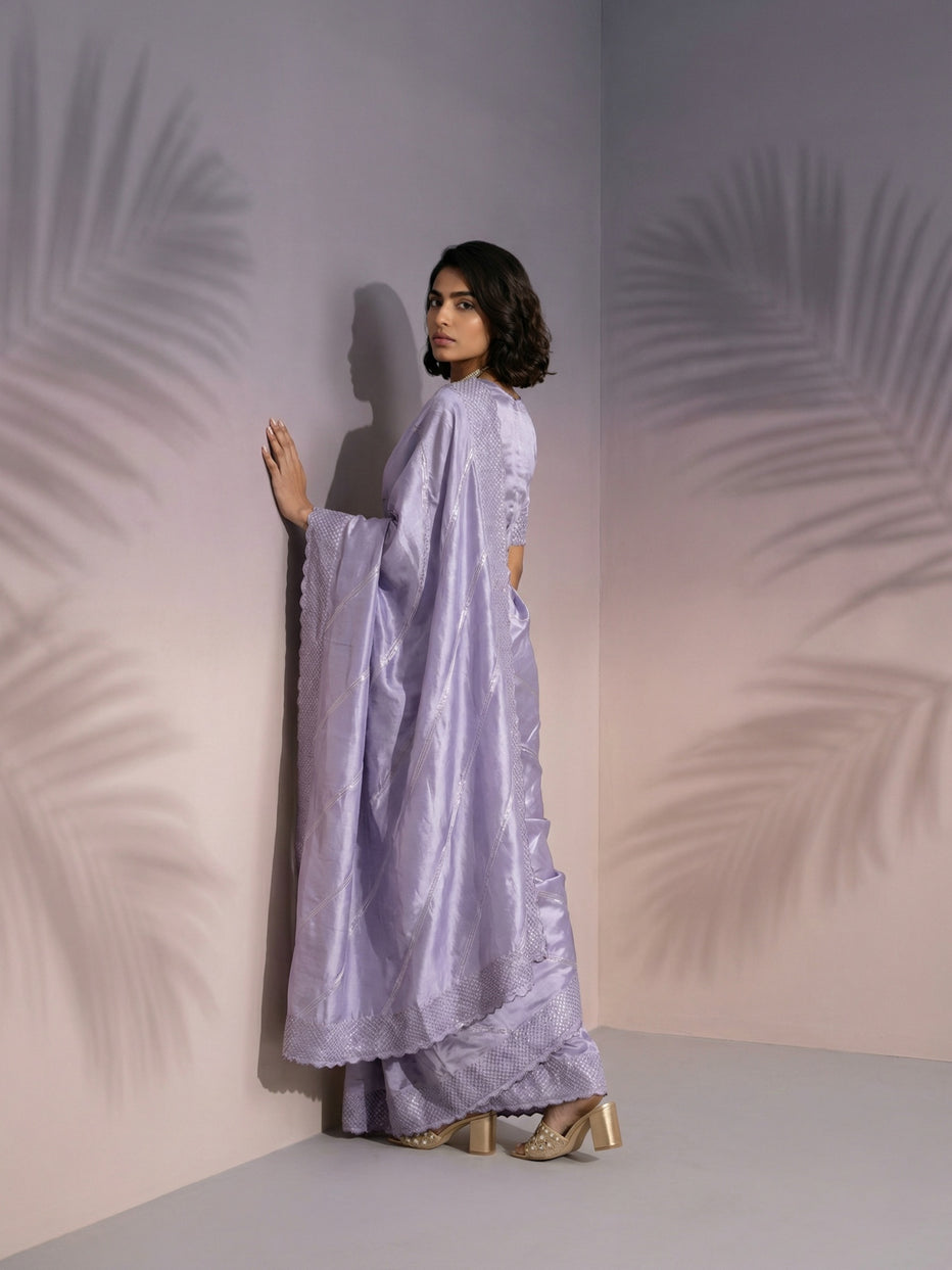 Purple Pure Raspberry Silk Embroidered Leheriya Work and Sequin Saree ##color## Raspberry Silk Saree with premium fabric and embroidery