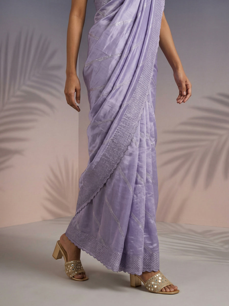 Purple Pure Raspberry Silk Embroidered Leheriya Work and Sequin Saree 