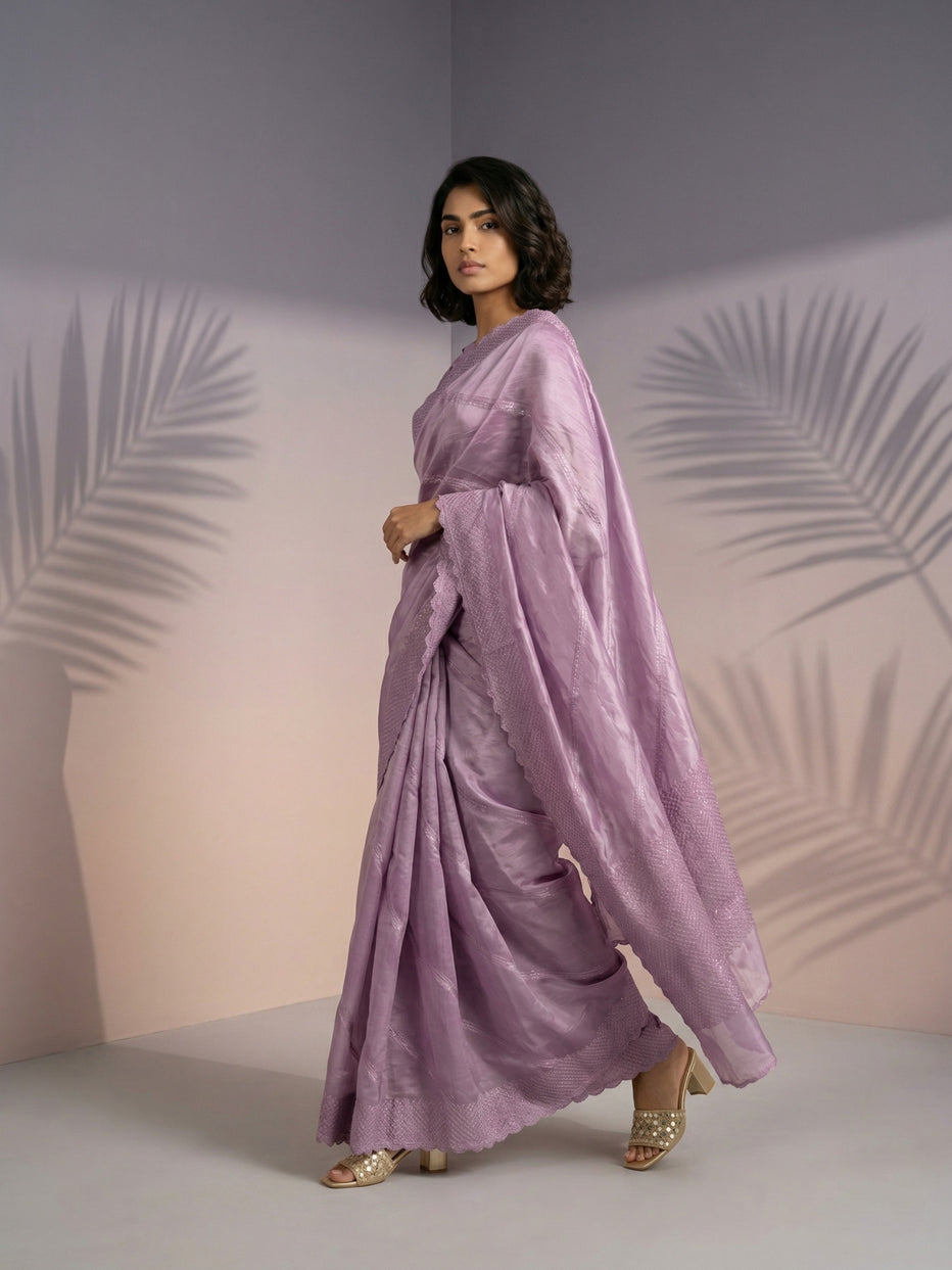 Onion Pure Raspberry Silk Embroidered Leheriya Work and Sequin Saree 