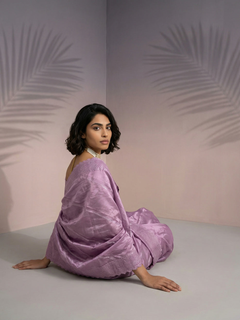 Onion Pure Raspberry Silk Embroidered Leheriya Work and Sequin Saree 