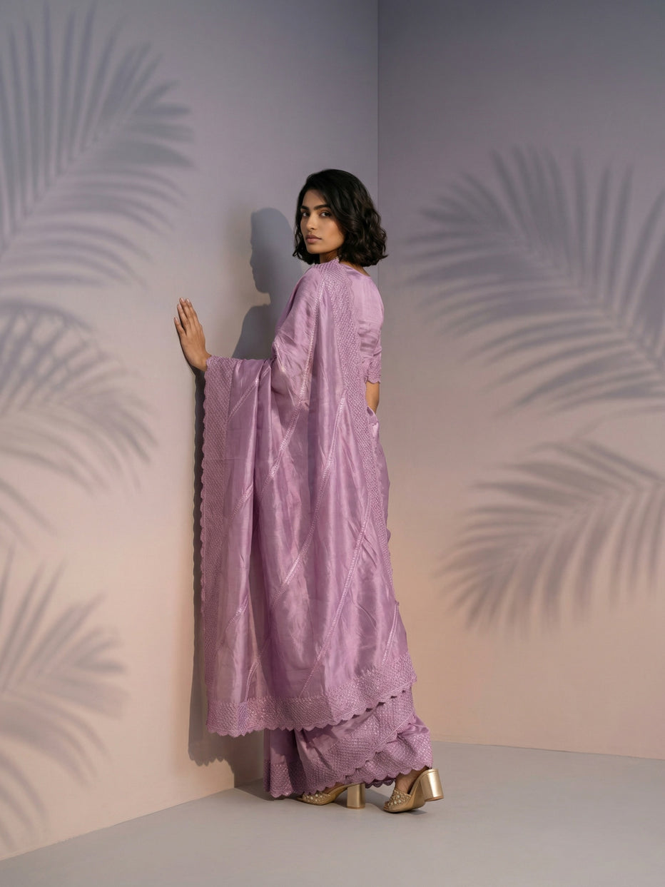 Onion Pure Raspberry Silk Embroidered Leheriya Work and Sequin Saree 
