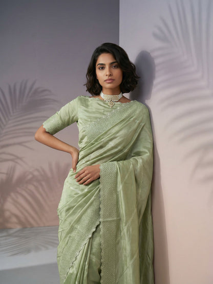 Pista Pure Raspberry Silk Embroidered Leheriya Work and Sequin Saree 