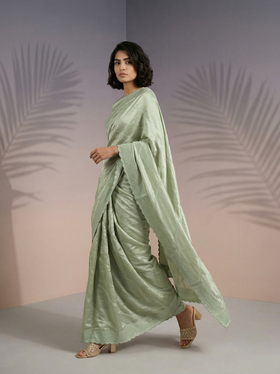 Pista Pure Raspberry Silk Embroidered Leheriya Work and Sequin Saree 
