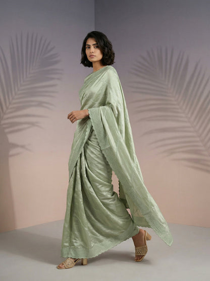 Pista Pure Raspberry Silk Embroidered Leheriya Work and Sequin Saree 