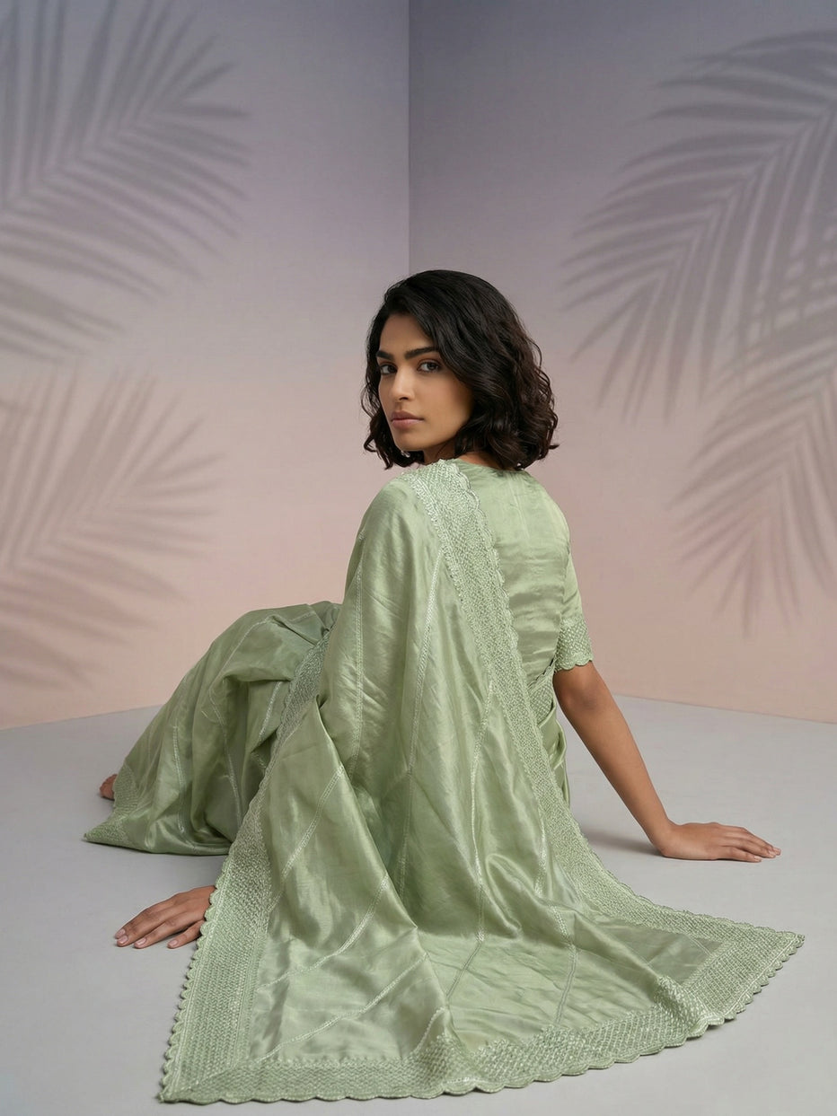 Pista Pure Raspberry Silk Embroidered Leheriya Work and Sequin Saree 