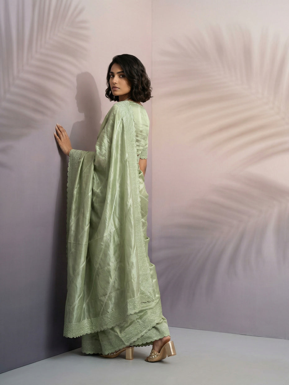 Pista Pure Raspberry Silk Embroidered Leheriya Work and Sequin Saree 
