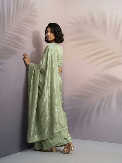 Pista Pure Raspberry Silk Embroidered Leheriya Work and Sequin Saree 