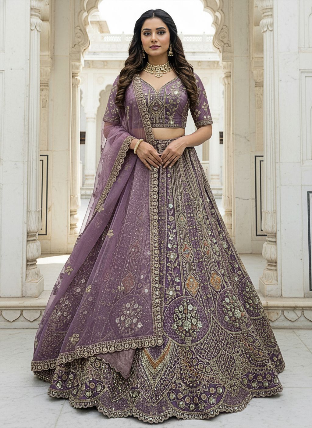 Purple Pure Soft Orgenza Sequins Work Bridal Lehenga Choli