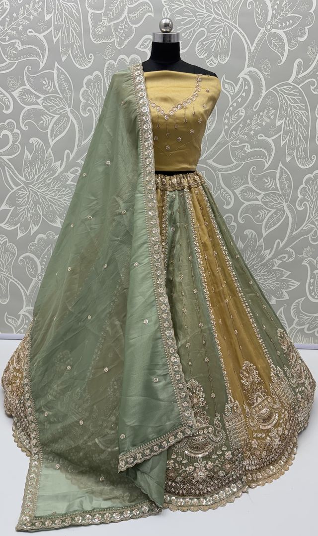Multi Pure Soft Satin Silk Heavy Beads Motif Zari Embroidery Sequins Work Bridal Lehenga Choli