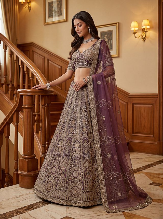Purple Pure Soft Heavy Net Sequins Embroidery Work Bridal Lehenga 