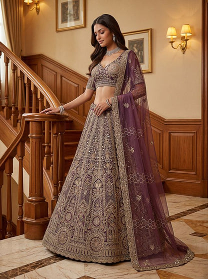 Purple Pure Soft Heavy Net Sequins Embroidery Work Bridal Lehenga 
