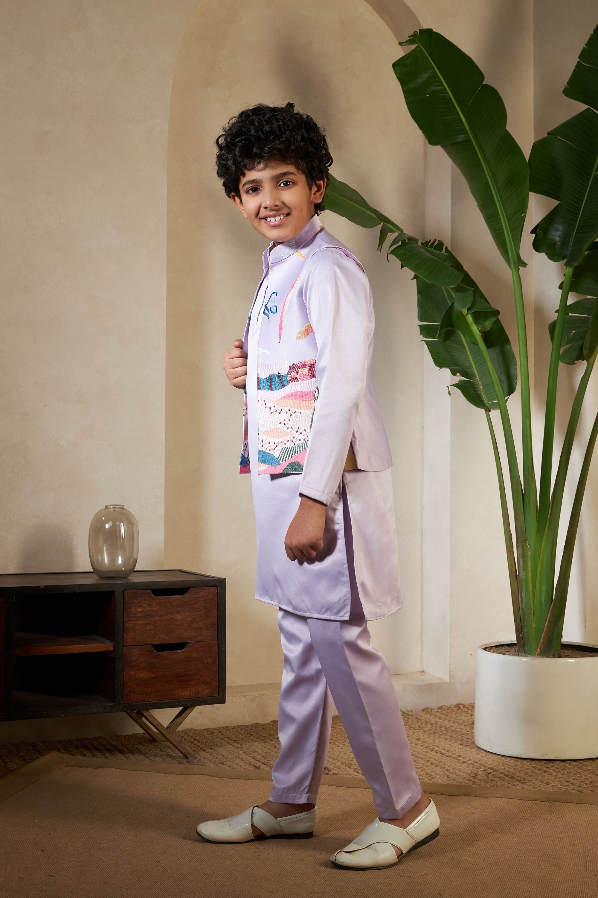 Lavender Pure Satin Silk Kids Boy Kurta Pajama With Koti Jacket 