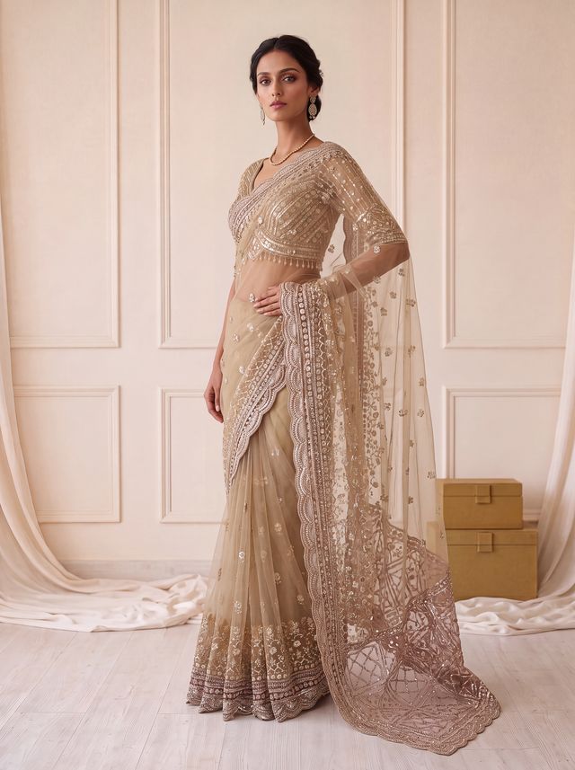 Cream Gold Pure Premium Net Handwork Kasti &amp; Motif Zari Metallic Sequins Work Wedding Saree