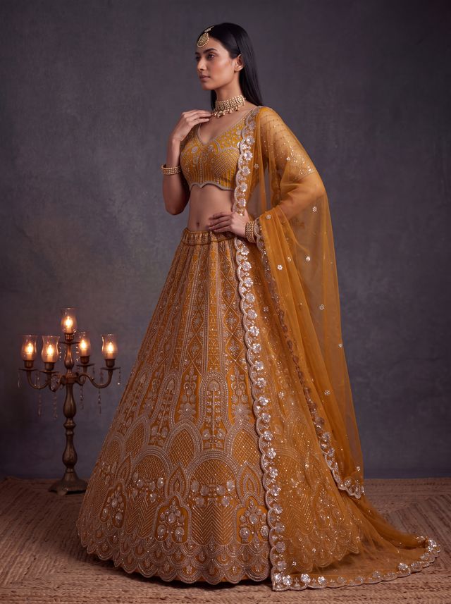 Rust Pure Heavy Net Motif Handwork Zari Sequins Work Bridal Lehenga Choli