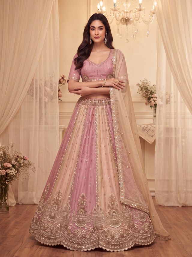 Multi Pure Soft Satin Silk Heavy Beads Motif Zari Embroidery Sequins Work Bridal Lehenga Choli