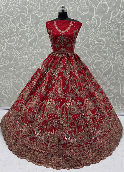 Red Pure Soft Silk Heavy Embroidery Work Bridal Lehenga 