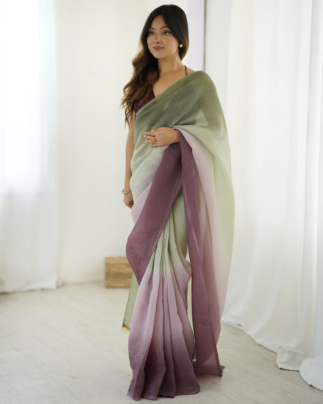Green shaded Pure Soft Candy Crush Silk Ready to Wear Saree 