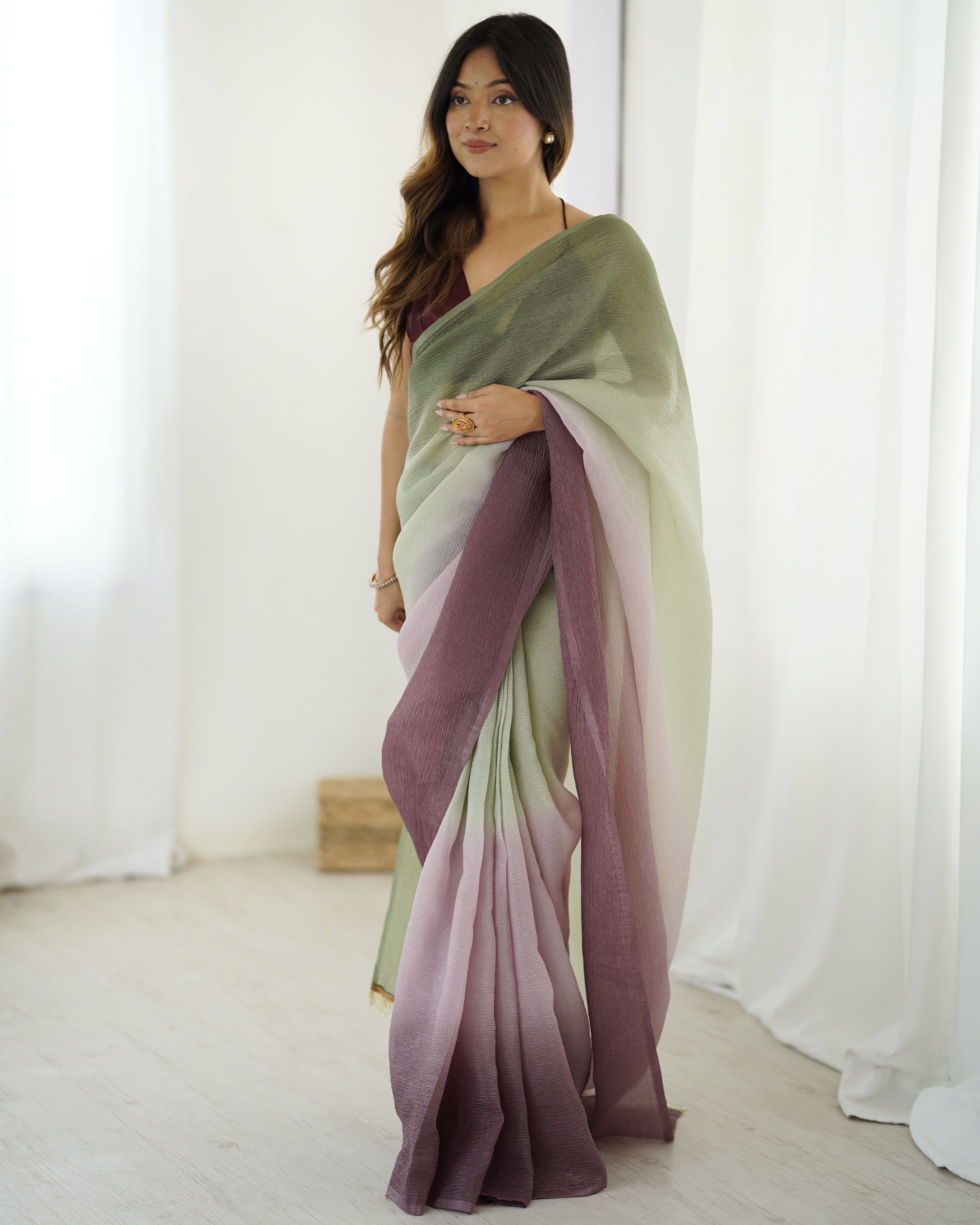 Green shaded Pure Soft Candy Crush Silk Ready to Wear Saree ##color## Ready to Wear Saree with premium fabric and embroidery