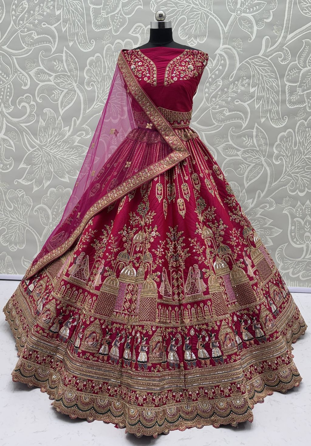 Pink Pure Soft Gadwal Silk Heavy Embroidery Work Bridal Lehenga 
