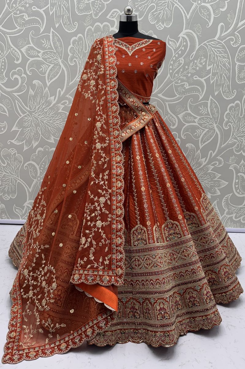 Orange Pure Soft Gadhwal Silk Heavy Embroidery Work Bridal Lehenga