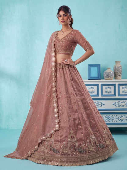Pink Pure Chandnia Silk Handwork Motif Peacock Pattern Crystal Beads Multi Thread Dori &amp; Sequins Work Bridal Lehenga Choli
