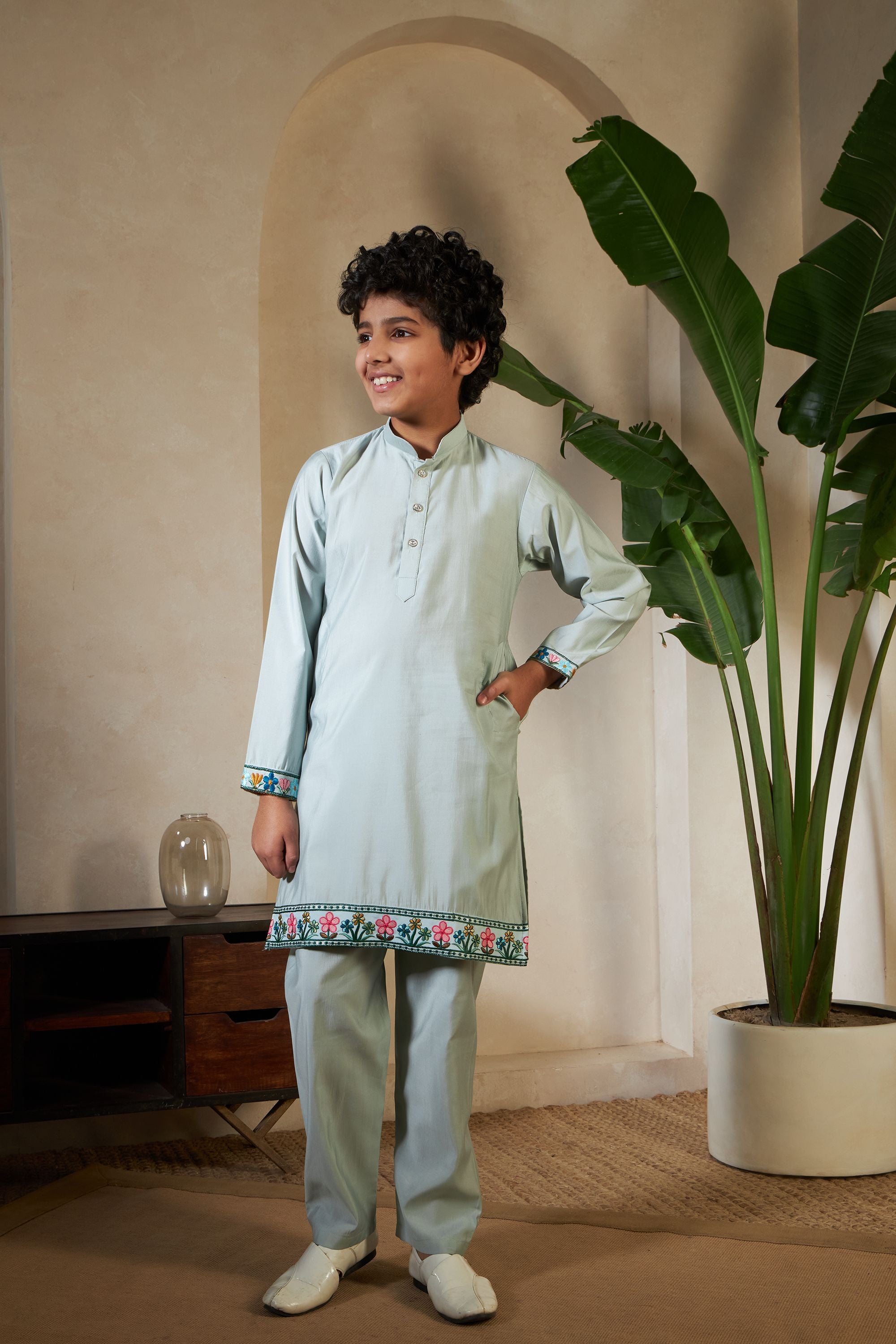 Pista Pure Viscose Silk Silk Kids Boy Kurta Pajama With Koti Jacket 
