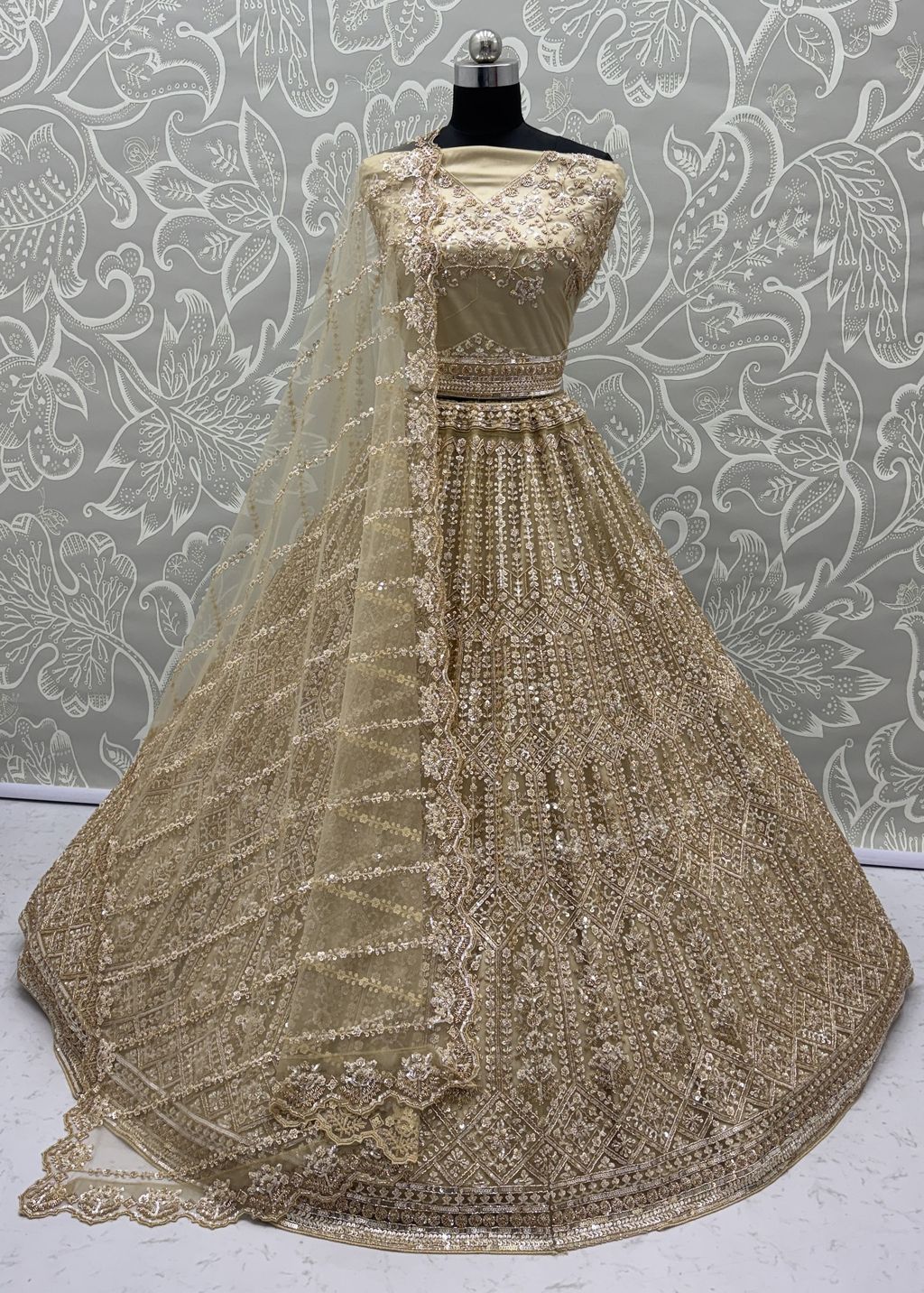 Golden Pure Soft Net Heavy Embroidery Work Bridal Lehenga ##color## Bridal Lehenga with premium fabric and embroidery
