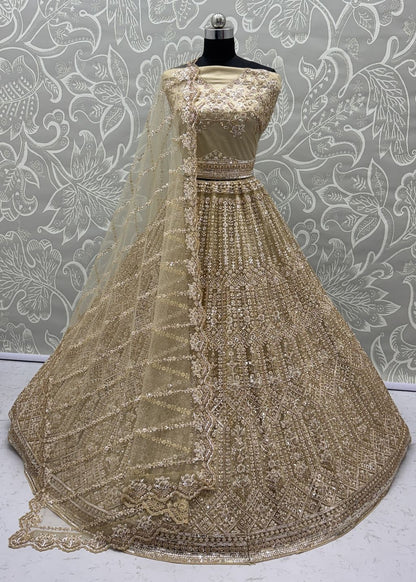 Golden Pure Soft Net Heavy Embroidery Work Bridal Lehenga 