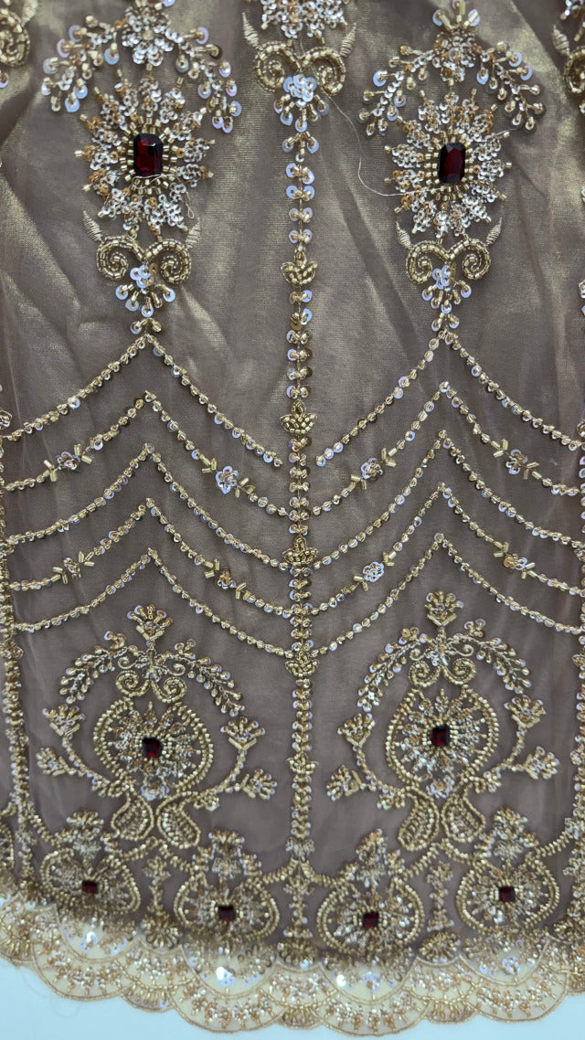 Beige Coppe Pure  Fendi Tussaud Silk Crystal Beads work Multi Thread Dori and Sequins Work Sequins Work Bridal Lehenga Choli