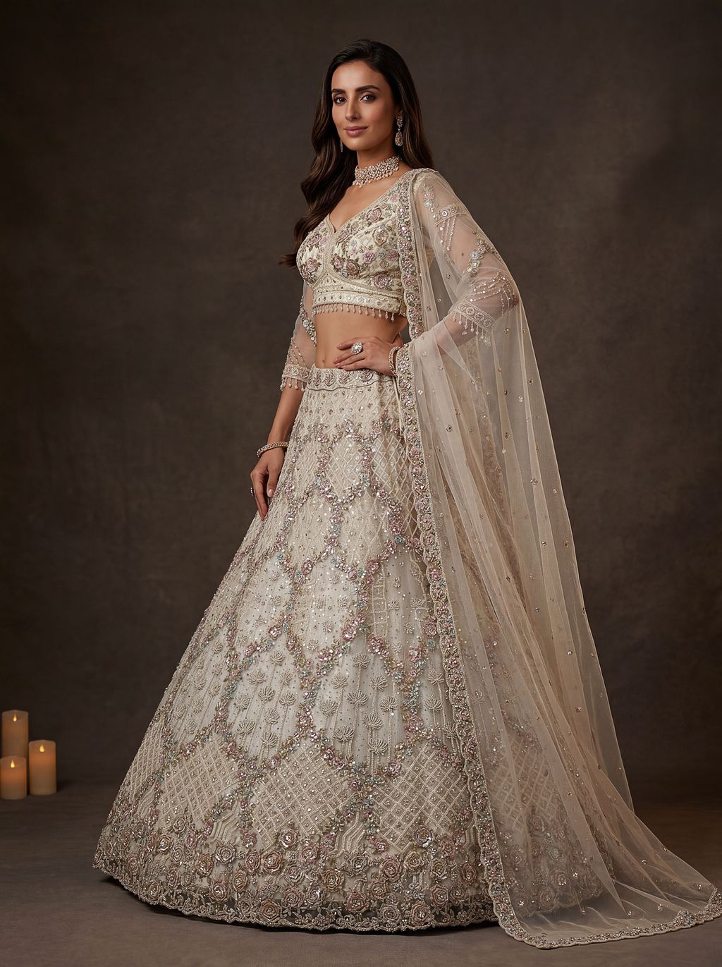 White Pure Soft Heavy Double Net Crafted Fancy Chapat Zari Work Bridal Lehenga Choli