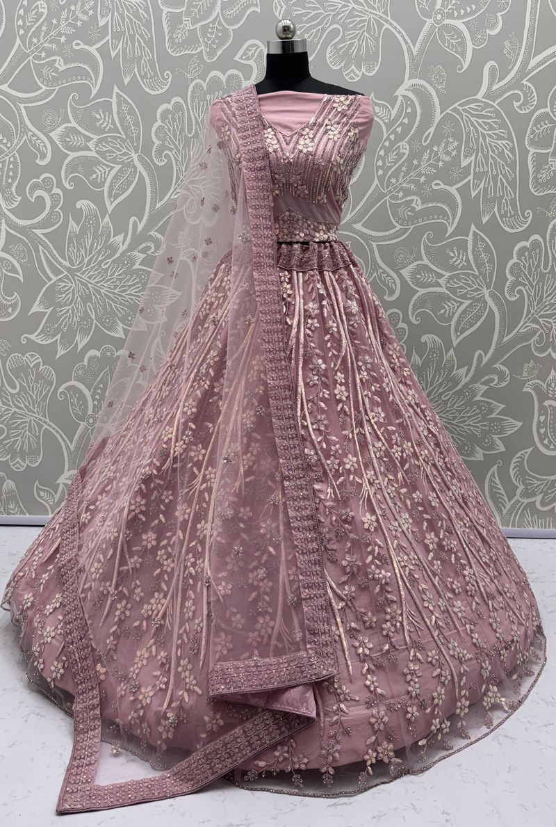 Pink Pure Soft Net Heavy Embroidery Work Bridal Lehenga